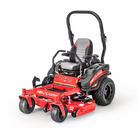 Red riding lawn mower with black seat on a white background